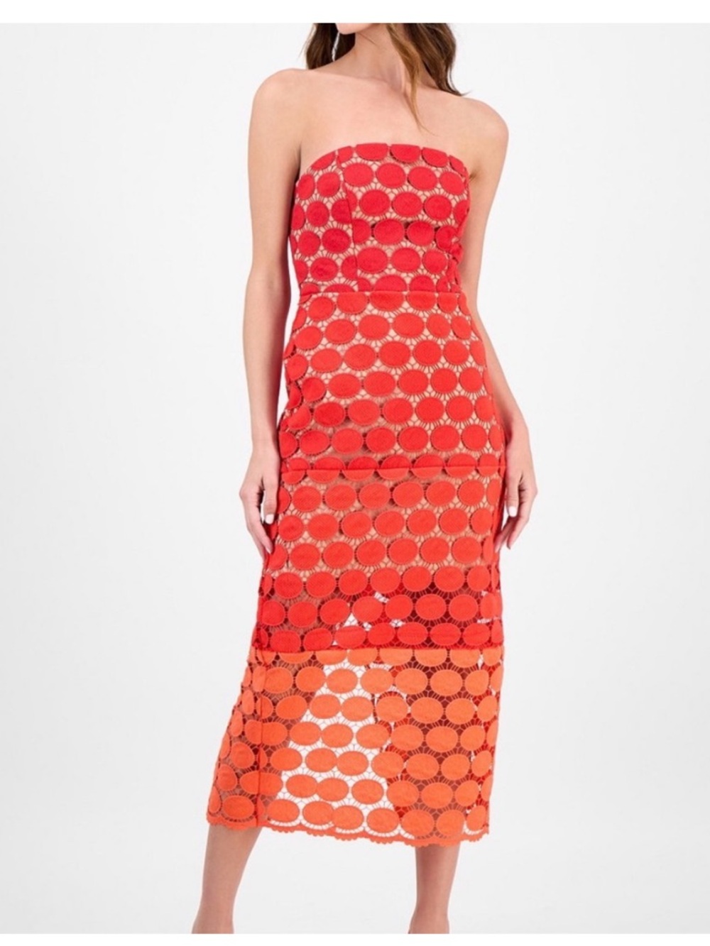 Sam Edelman Strapless Red-Orange Circle Lace Midi Dress